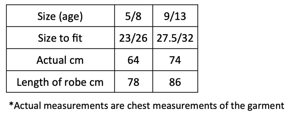 Jnr Size Chart Robe